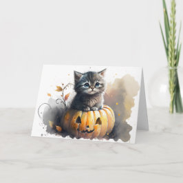 Cartão De Festividades Kitten de Halloween em Aquarela em uma Abóbora de