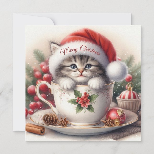 Cartão De Festividades Kitten de Natal em um Teacup (Frente)