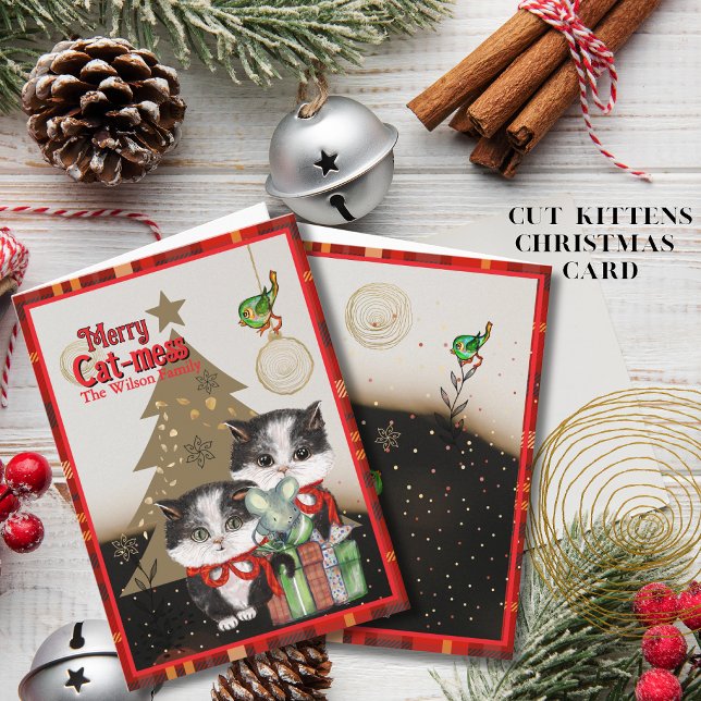 Cartão De Festividades Kittens Merry Cat-mess Card | Red Plaid Christmas (Kittens Merry Cat-mess Card  Red Plaid Christmas)