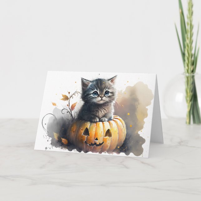 Cartão De Festividades Kitty Halloween Aquarela em uma Abóbora (Frente)