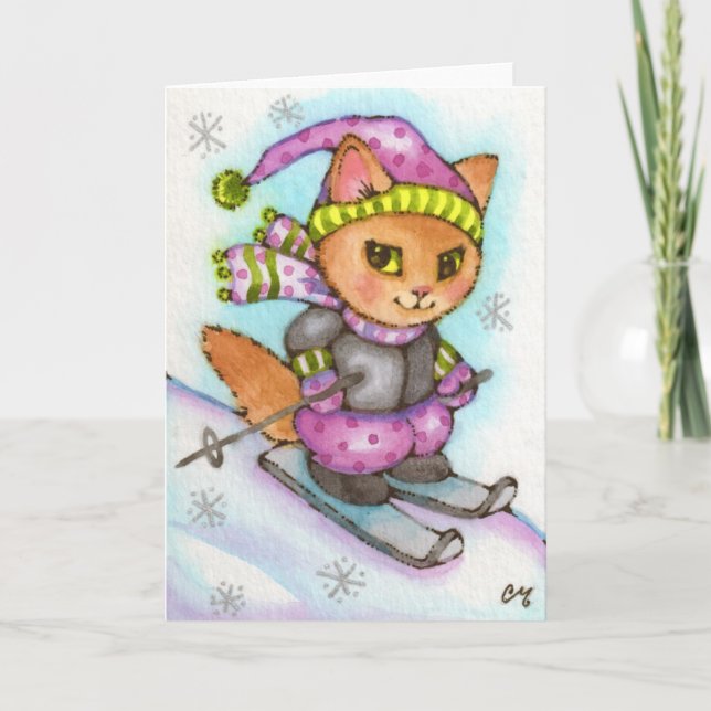 Cartão De Festividades Kitty Skiing - Cute winter cat (Frente)