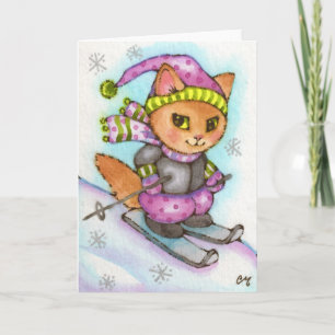 Cartão De Festividades Kitty Skiing - Cute winter cat