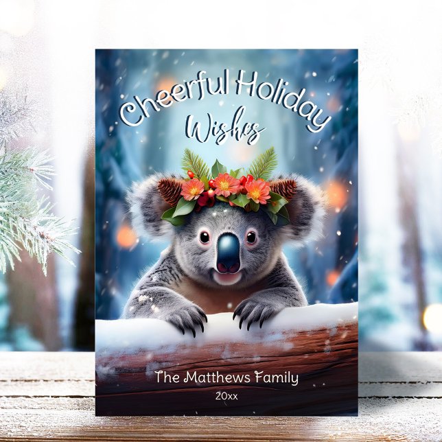 Cartão De Festividades Koala Bear Snowy Winter Forest Feliz Natal (Adorable Winter Snowy Scene With Peeking Dogs or Farm/Woodland Animals - Over 50 to Choose From!)
