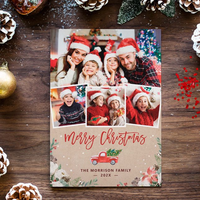 Cartão De Festividades Kraft Winter Floral Christmas Truck 4 Photo (Criador carregado)