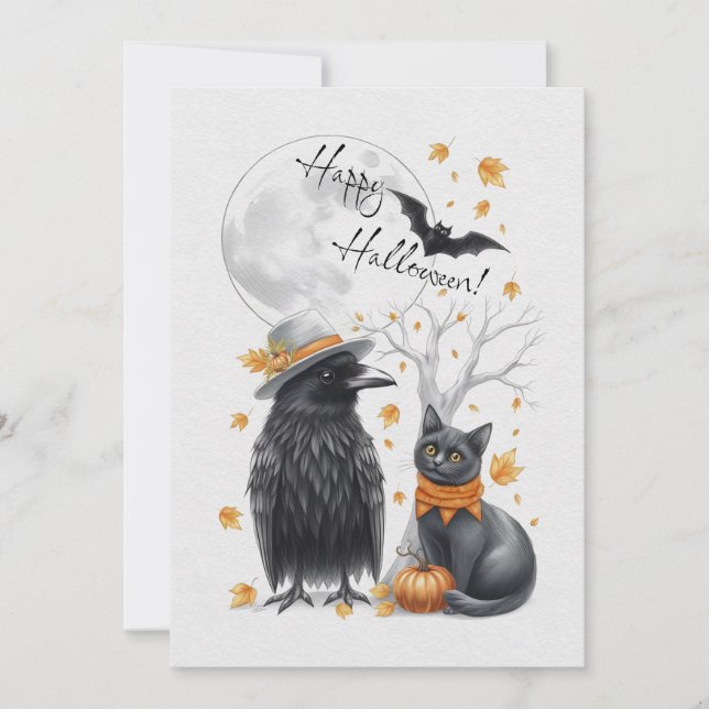 Cartão De Festividades Krähe & Katze Herbst Halloween Karte Grußkarte (Frente)