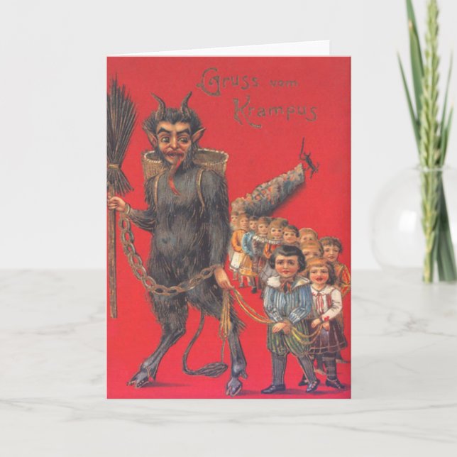 Cartão De Festividades Krampus Com Crianças Más (Frente)