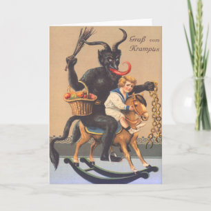 Cartão De Festividades Krampus montando um hobbyhorse com menino