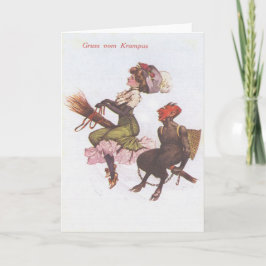 Cartão De Festividades Krampus Na Broom Com Mulher