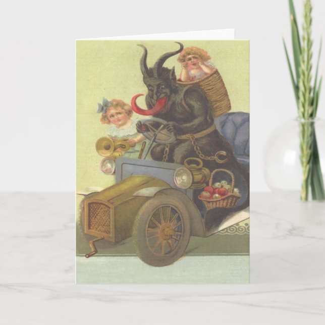 Cartão De Festividades Krampus Obtendo Meninas No Carro (Frente)