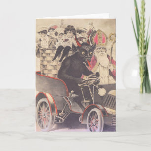 Cartão De Festividades Krampus & Padre Dirigindo Com Crianças