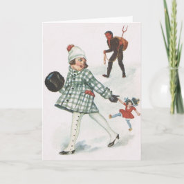 Cartão De Festividades Krampus perseguindo uma garotinha com boneca