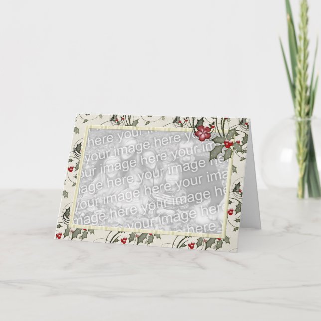 Cartão De Festividades KRW Country Holly e Ivory Stripes Foto (Frente)