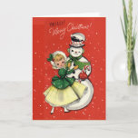 Cartão De Festividades KRW Vintage Girl and Snowman Card - Personalizado<br><div class="desc">KRW Vintage Girl and Snowman Card</div>