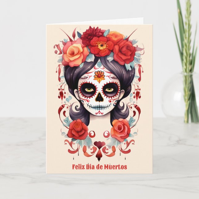 Cartão De Festividades La Calavera Catarina en Flores Rojas (Frente)