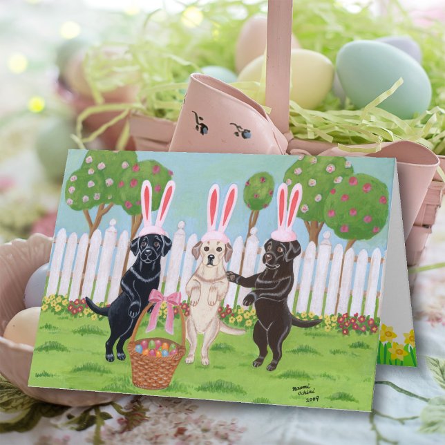 Cartão De Festividades Labrador Easter Bunnies (Labrador Easter Bunnies Greeting Card featuring three labs with Easter Bunny Ears.  Whimsical art.)