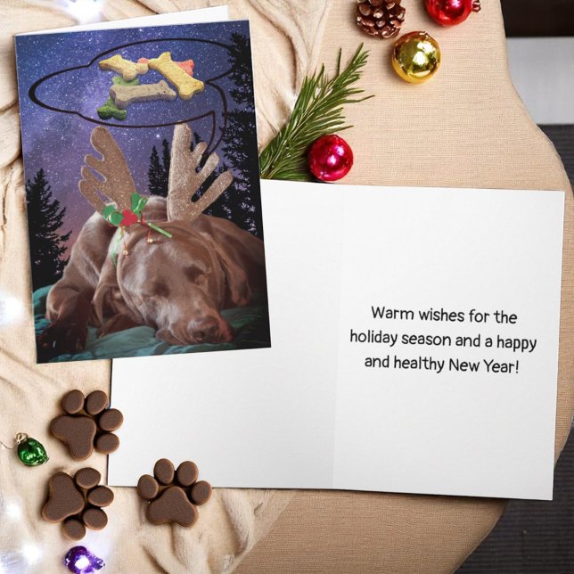 Cartão De Festividades Labrador Retreiver em Antlers Sonha Tratamentos de (cover design and inside template text Christmas greeting card)