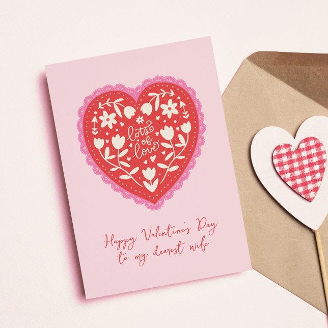 Cartão De Festividades Lace Doily Heart Hand-Drawn Valentine's Day (Lace Doily Heart Valentine's Day card with "lots of love" message.)