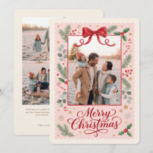 Cartão De Festividades Laço Rosa Feliz Natal Foto da Família