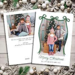 Cartão De Festividades Laço Verde de Natal com Duas Fotos