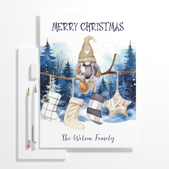 Cartão De Festividades Lady Gnome Blue Forest Feliz Natal (Watercolor Lady Gnome Blue Forest Merry Christmas Holiday Card)