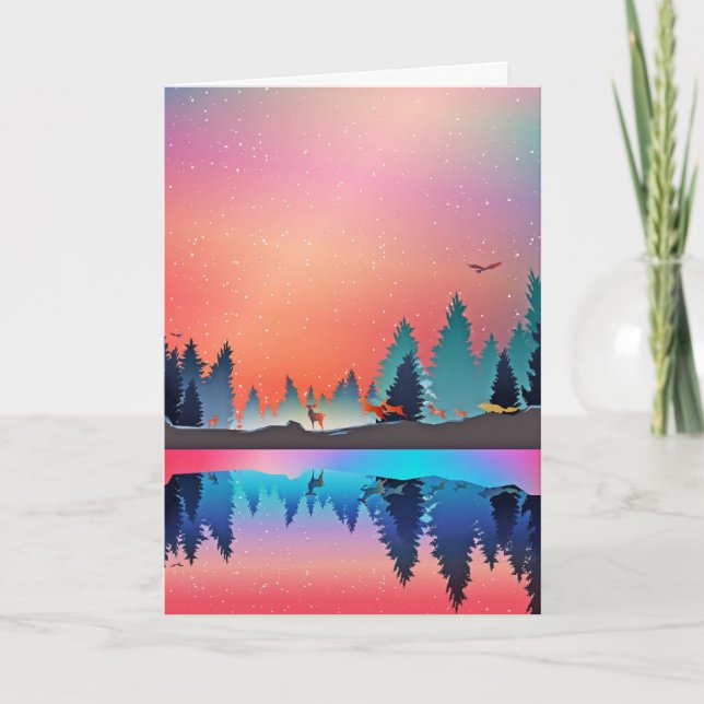 Cartão De Festividades Lago de Inverno Fofo Neve Raposa Veado (Frente)