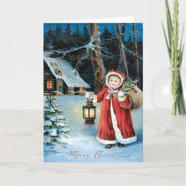 Cartão De Festividades Lâmpada de Menina Fofa Cabana de Holly de Inverno (Frente)