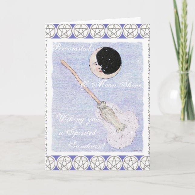 Cartão De Festividades Lâmpada e Broom Espiritaram no Pentáculo de Samhai (Frente)