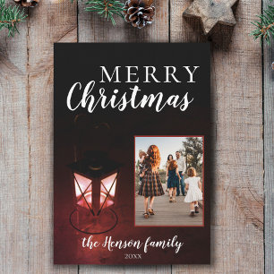 Cartão De Festividades Lâmpada Festiva em Foto de Família de Natal Escura