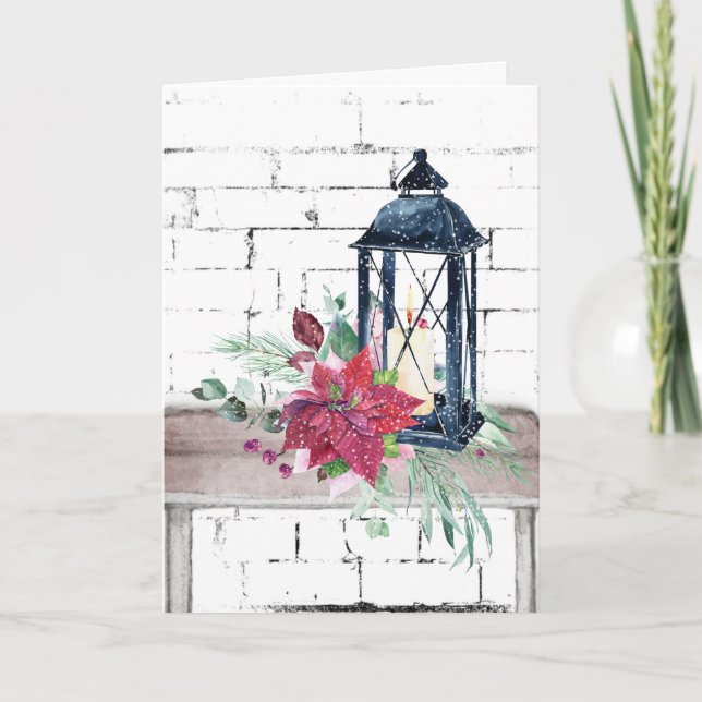 Cartão De Festividades Lanterna de Natal e Poinsettias (Frente)