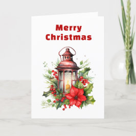 Cartão De Festividades Lanterna de Natal Vermelho Poinsettia e Pinheiro