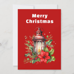 Cartão De Festividades Lanterna de Natal Vermelho Poinsettia e Pinheiro