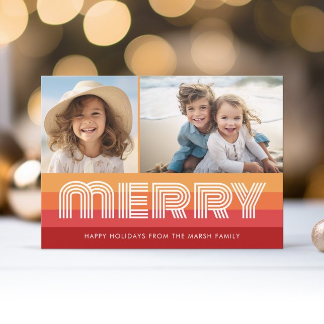 Cartão De Festividades Laranja Vermelho de Linha Retroativa - Foto Feliz  (Retro Stripe Christmas Card with 2 Photos - Vibrant Reds - Print and Download Option)