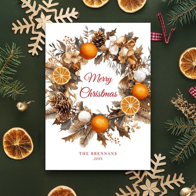 Cartão De Festividades Laranjas secas Citrus Wreath Elegante Natal (Dried Oranges Citrus Wreath Elegant Christmas Holiday Card)