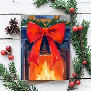 Cartão De Festividades Lareira de Natal   Aquarela Alegre com Laço Vermel
