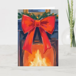 Cartão De Festividades Lareira de Natal | Aquarela Alegre com Laço Vermel