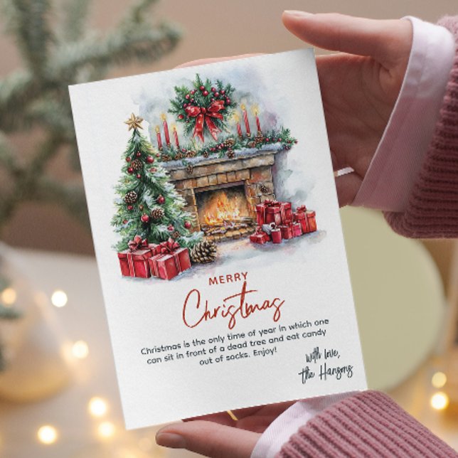 Cartão De Festividades Lareira de pinheiro e presente Natal personalizado (Criador carregado)