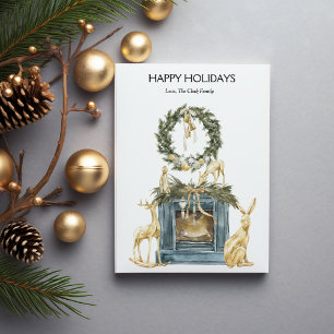 Cartão De Festividades Lareira Dourada Elegante para Natal Plano