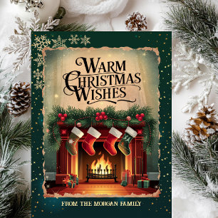 Cartão De Festividades Lareira Vintage Flocos de Neve Verde