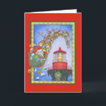Cartão De Festividades LastStop Lighthouse<br><div class="desc">Santa with his reindeer and gift laden sled cruising over a coastal lighthouse! :: Original Illustration by Barbara Bayer</div>