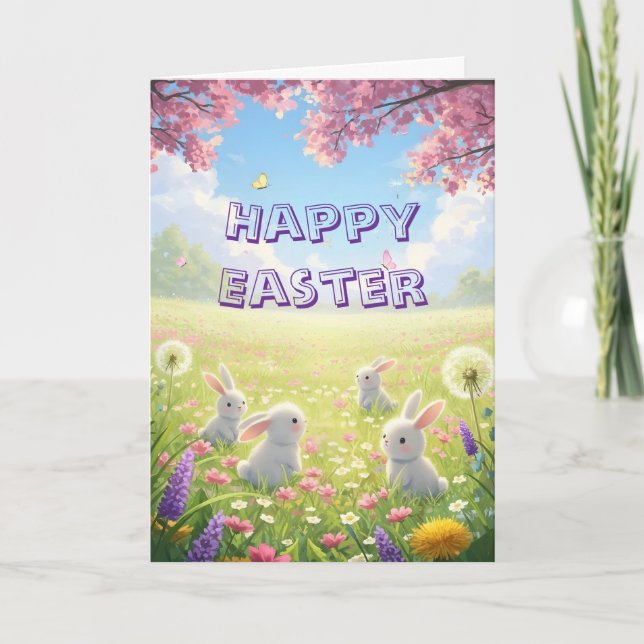 Cartão De Festividades Lavender Easter Cute White Bunny Floral Spring  (Frente)