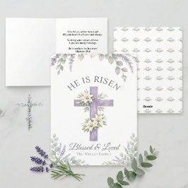Cartão De Festividades Lavender Floral Cross Christian Sunday invitation 