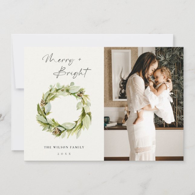 Cartão De Festividades Leafy Winter Wreath Feliz e Foto de Natal Brilhant (Frente)