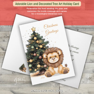Cartão De Festividades Leão Adorável e Arte de Árvore Decorada