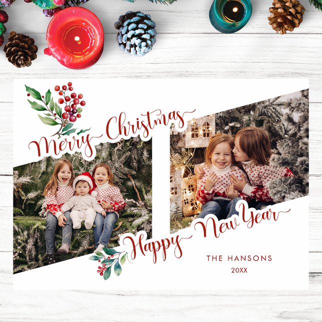 Cartão De Festividades Legal Caligrafia de Natal Holly 2-Foto (Criador carregado)