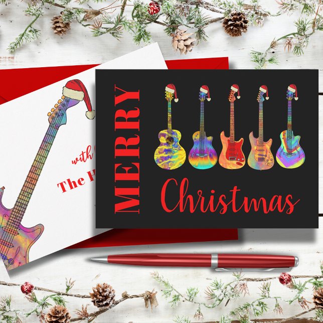 Cartão De Festividades Legal guitarra de Natal Santas (Merry Christmas Cool colorful guitars wearing funny Santa hats black and red holidays greetings card)