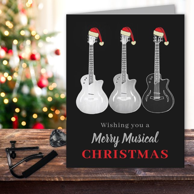 Cartão De Festividades Legal guitarra Natal Preto e Branco (christmas guitars custom holiday greetings card)