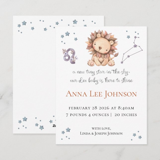 Cartão De Festividades Leo Zodiac Birth Announcement (Frente/Verso)
