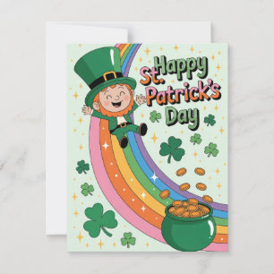 Cartão De Festividades Leprechaun Fofo com Dia de São Patrício do Arco-Ír
