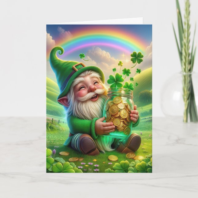 Cartão De Festividades Leprechaun Irlandês Com Moedas Douradas (Frente)
