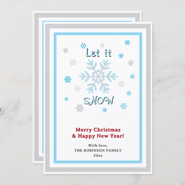 Cartão De Festividades Let It Snow Gray Blue Snowflakes Red INSERT PHOTO (Frente/Verso)